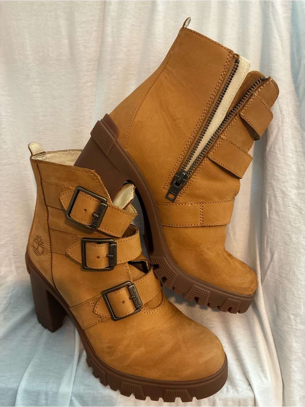 Timberland Women's Tan Triple-Buckle Heeled Ankle Boots